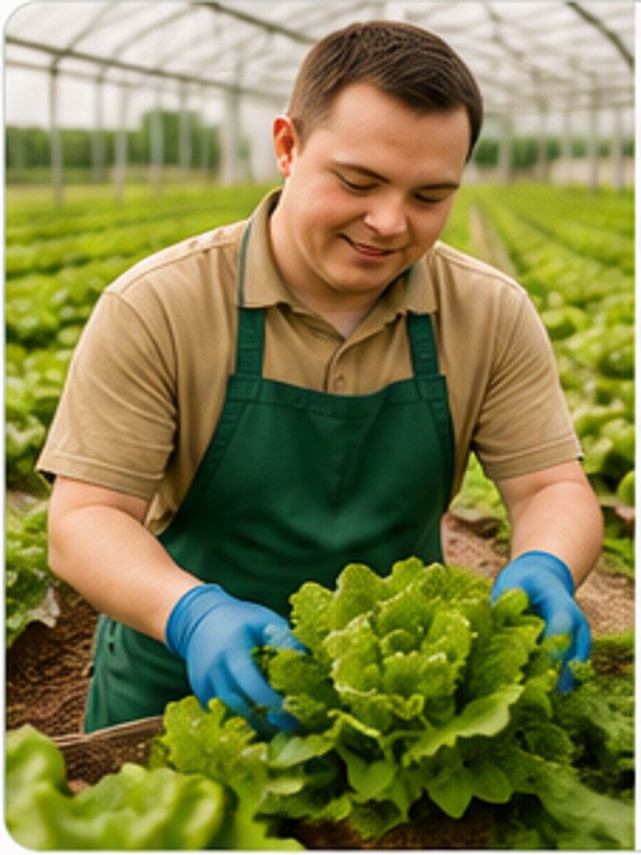 An adult participant tending lettuce inside a greenhouse