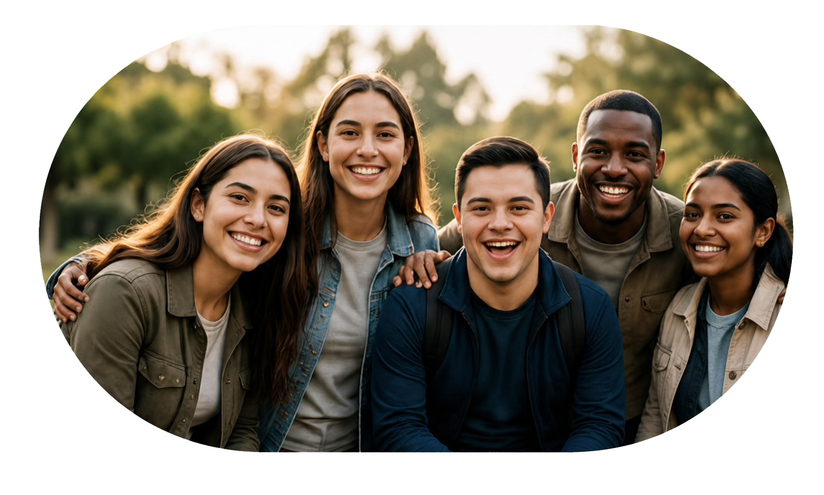 A diverse group of young adults smiling together outdoors