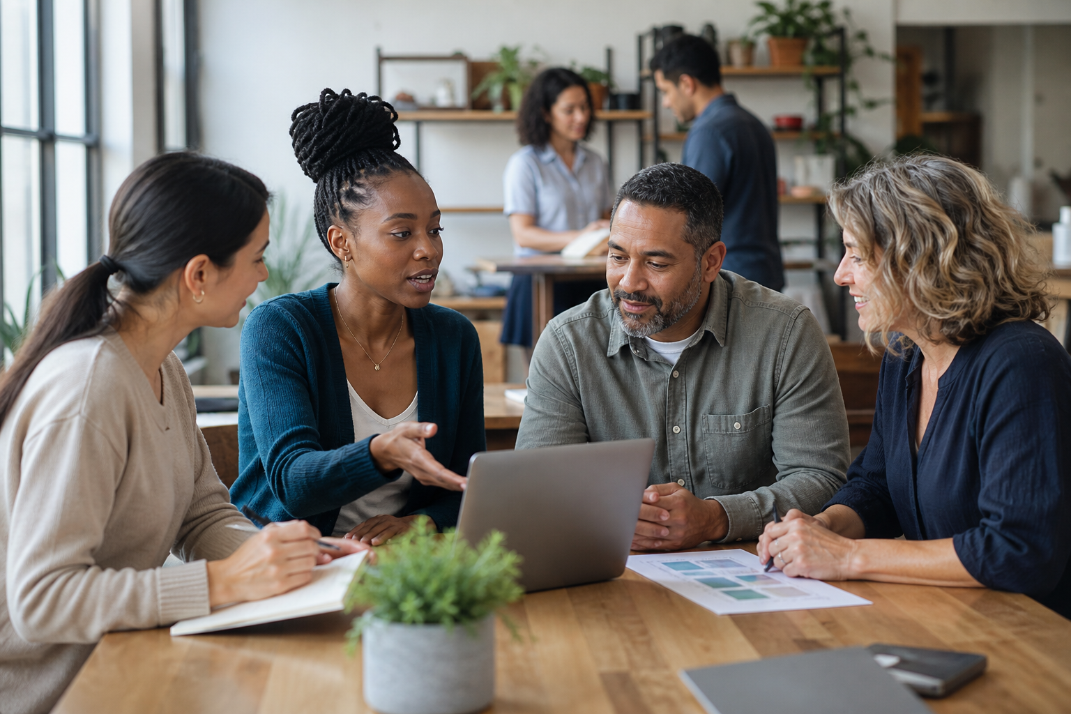 A diverse group of adults collaborating around a laptop in a welcoming workplace